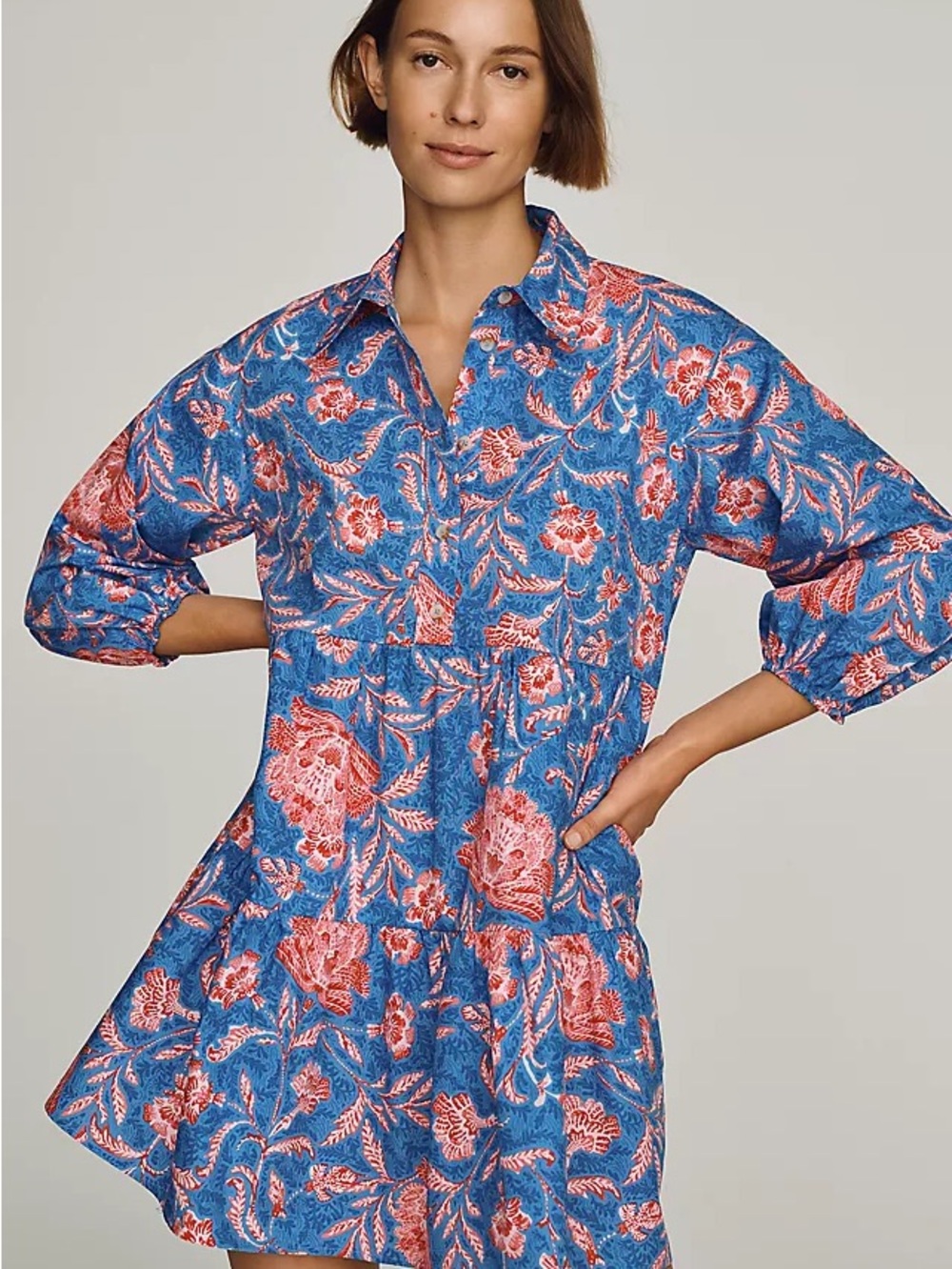 Maeve Blue Floral Tiered Tunic with Coral Accents